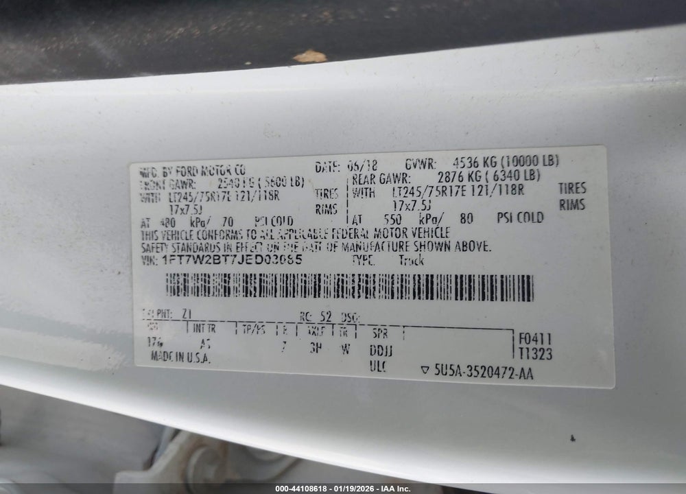 2018 FORD F-250 XL VIN: 1FT7W2BT7JED03085