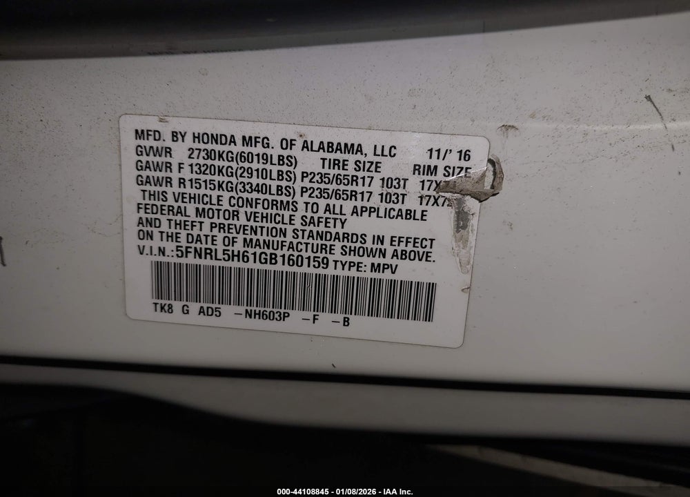 2016 HONDA ODYSSEY EX-L VIN: 5FNRL5H61GB160159