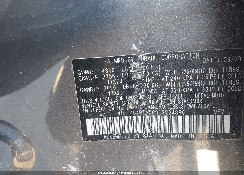 2020 SUBARU OUTBACK PREMIUM VIN: 4S4BTACC9L3224880