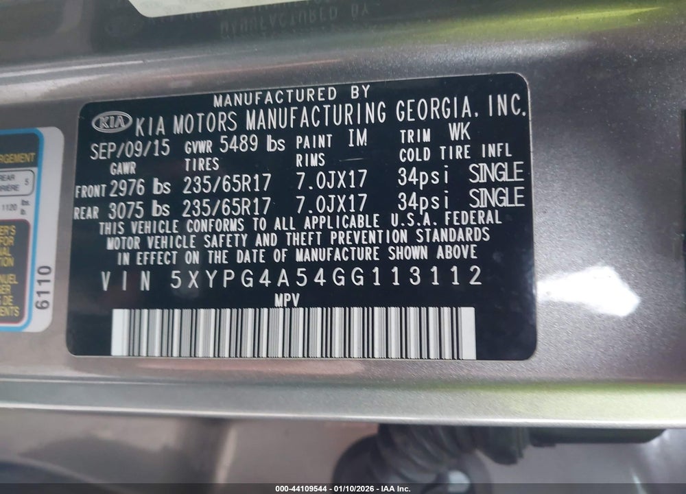 2016 KIA SORENTO 3.3L LX VIN: 5XYPG4A54GG113112