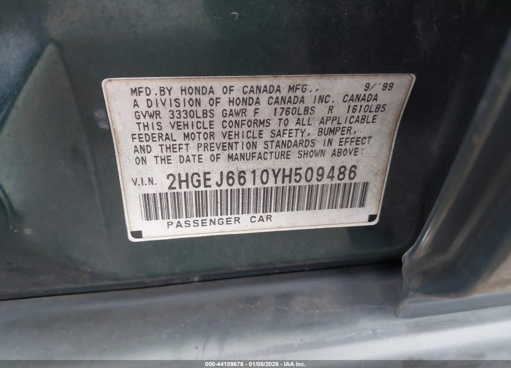 2000 HONDA CIVIC VALUE PACKAGE VIN: 2HGEJ6610YH509486