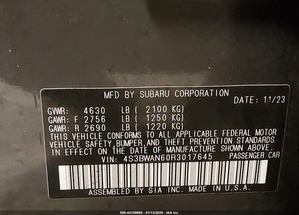 2024 SUBARU LEGACY LIMITED VIN: 4S3BWAN60R3017645
