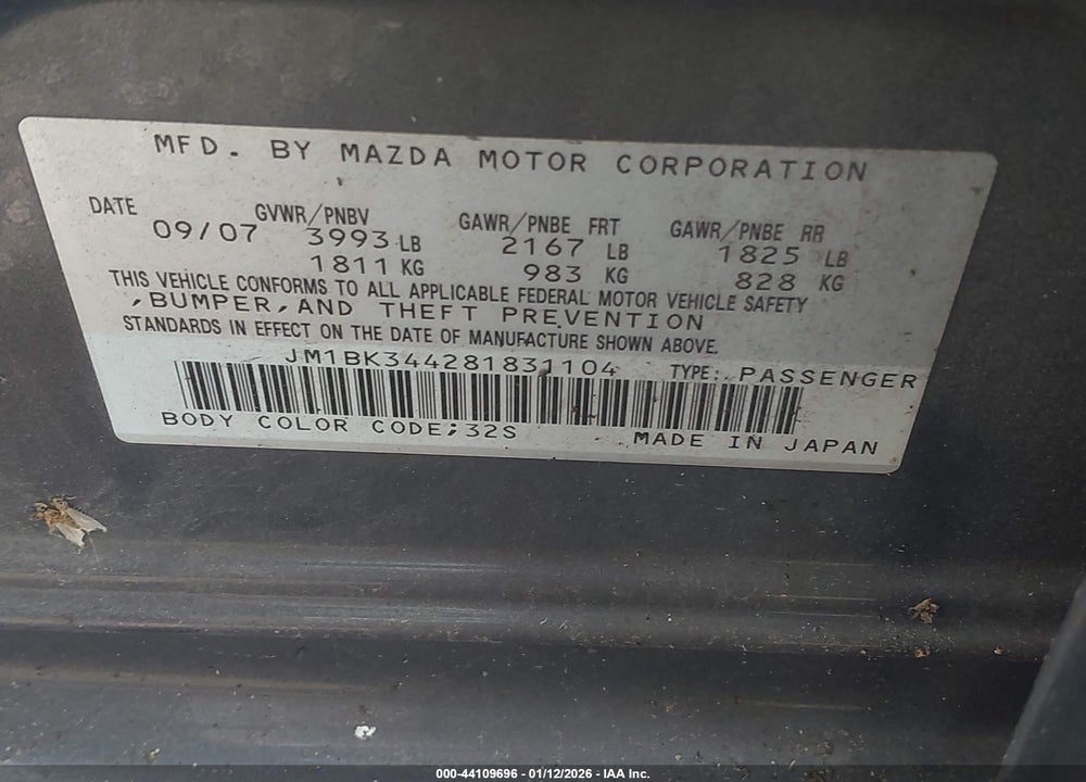 2008 MAZDA 3 S SPORT VIN: JM1BK344281831104