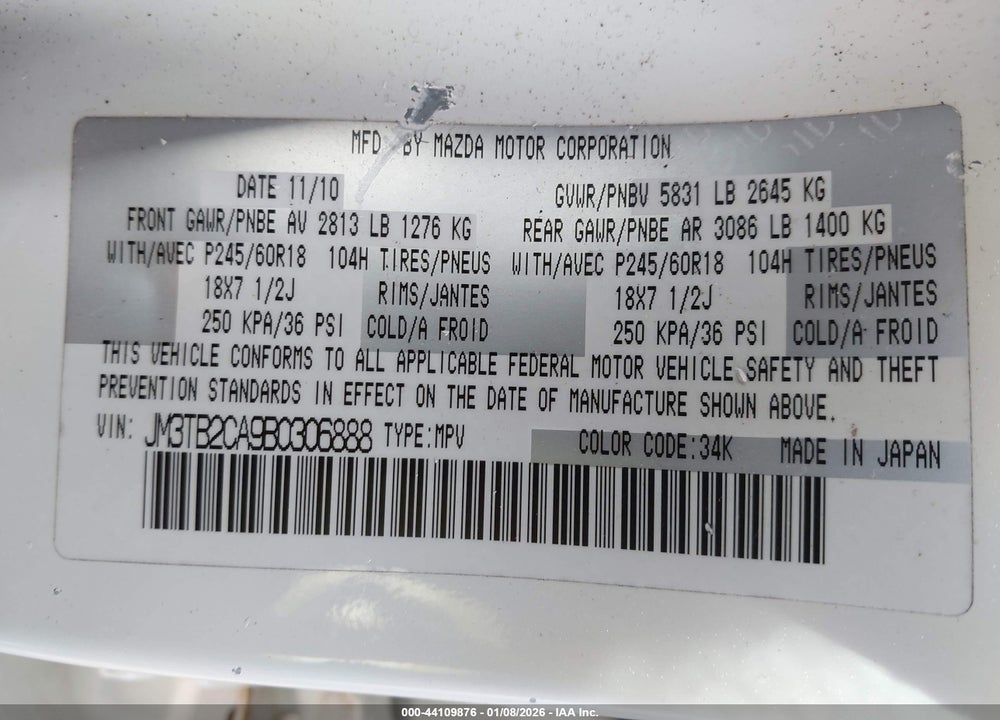 2011 MAZDA CX-9 TOURING VIN: JM3TB2CA9B0306888