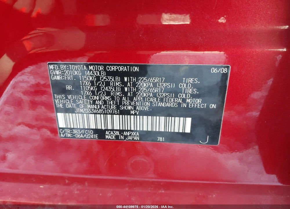 2008 TOYOTA RAV4 VIN: JTMZD33V685109761