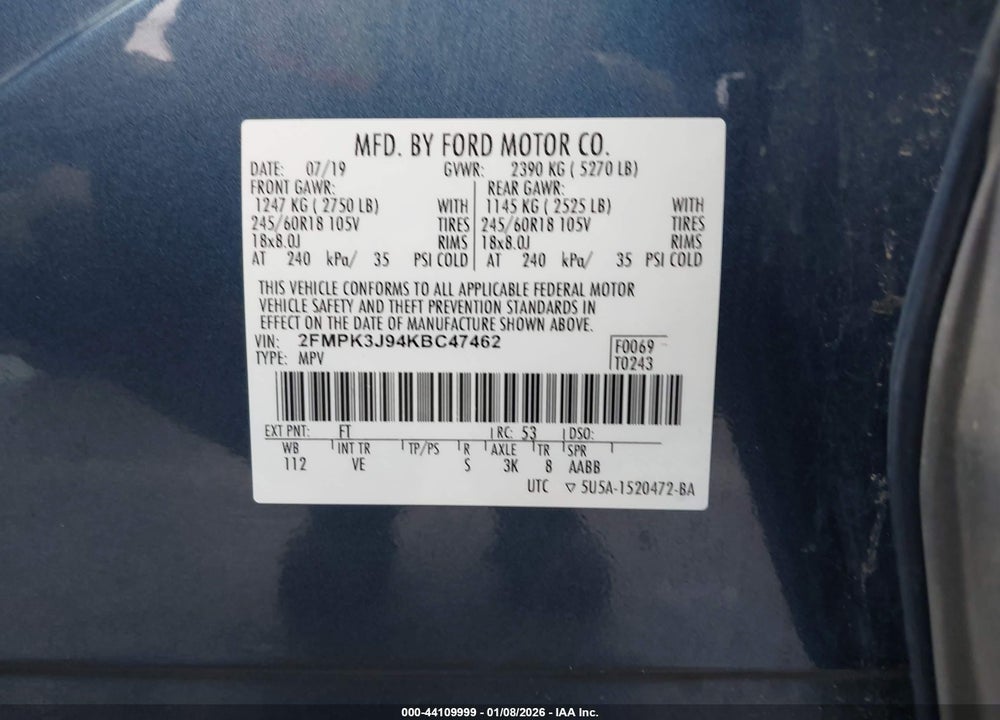 2019 FORD EDGE SEL VIN: 2FMPK3J94KBC47462