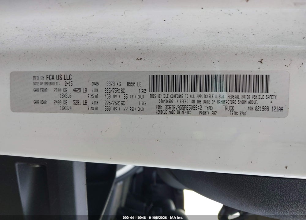 2015 RAM PROMASTER 1500 LOW ROOF VIN: 3C6TRVAG5FE509942