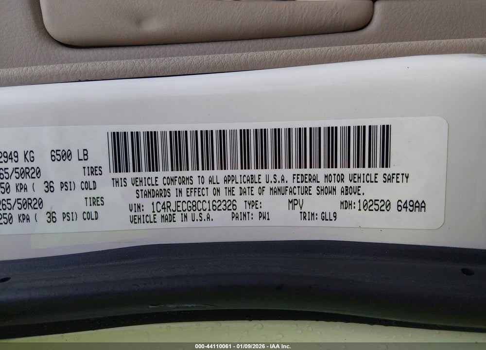2012 JEEP GRAND CHEROKEE OVERLAND VIN: 1C4RJECG8CC162326