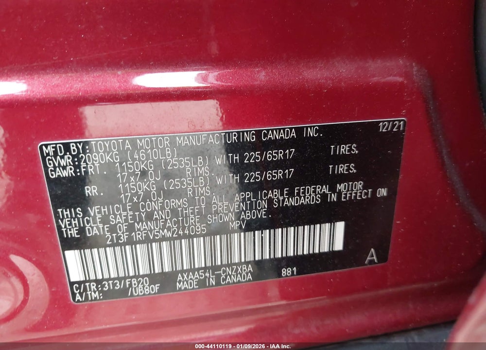 2021 TOYOTA RAV4 LE VIN: 2T3F1RFV5MW244095