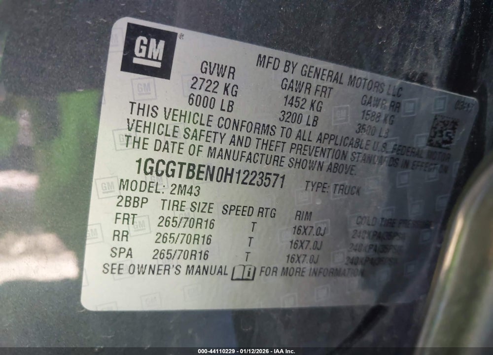 2017 CHEVROLET COLORADO WT VIN: 1GCGTBEN0H1223571