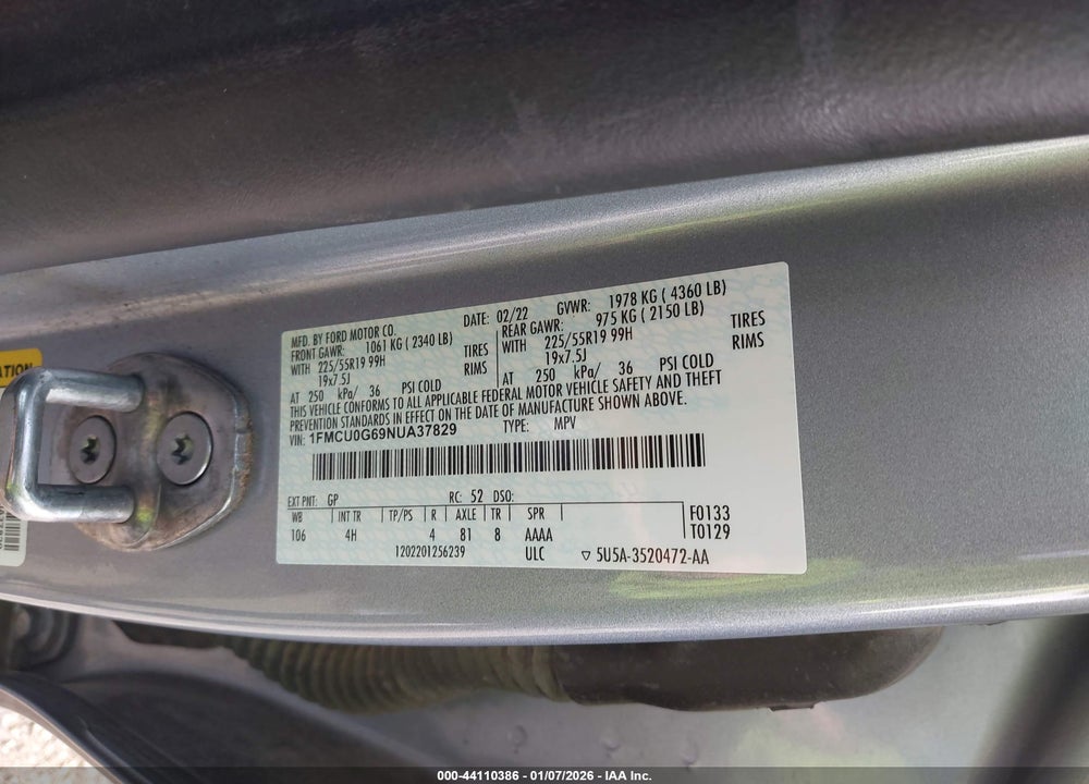 2022 FORD ESCAPE SE VIN: 1FMCU0G69NUA37829