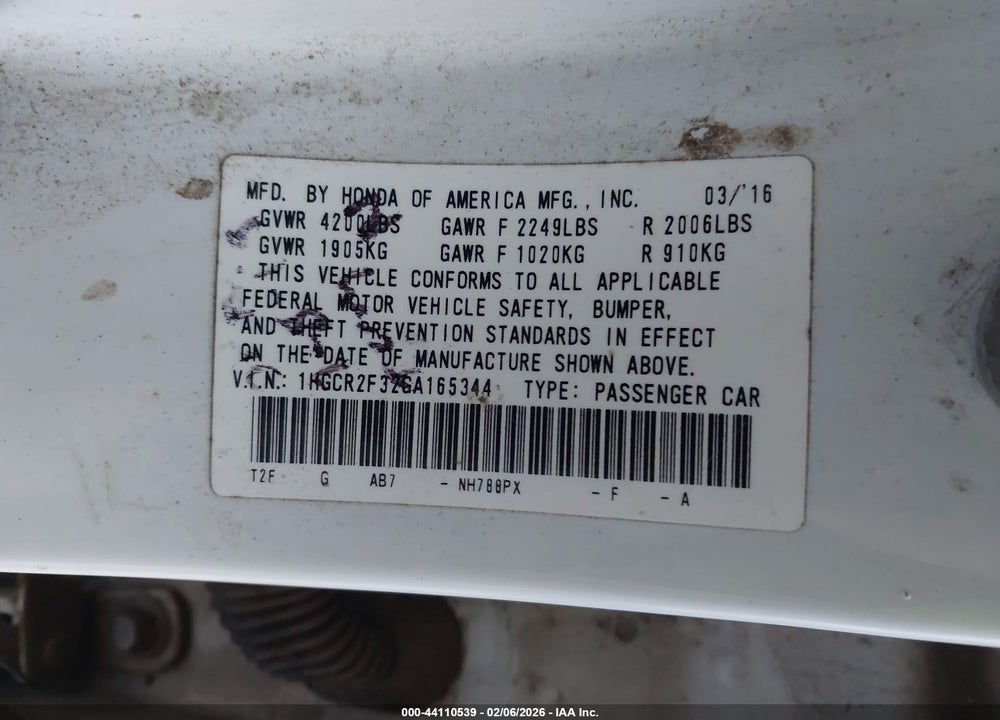 2016 HONDA ACCORD LX VIN: 1HGCR2F32GA165344