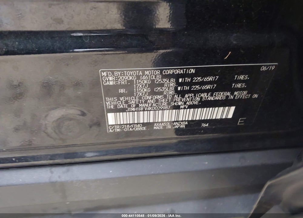 2019 TOYOTA RAV4 LE VIN: JTMH1RFV4KD029987