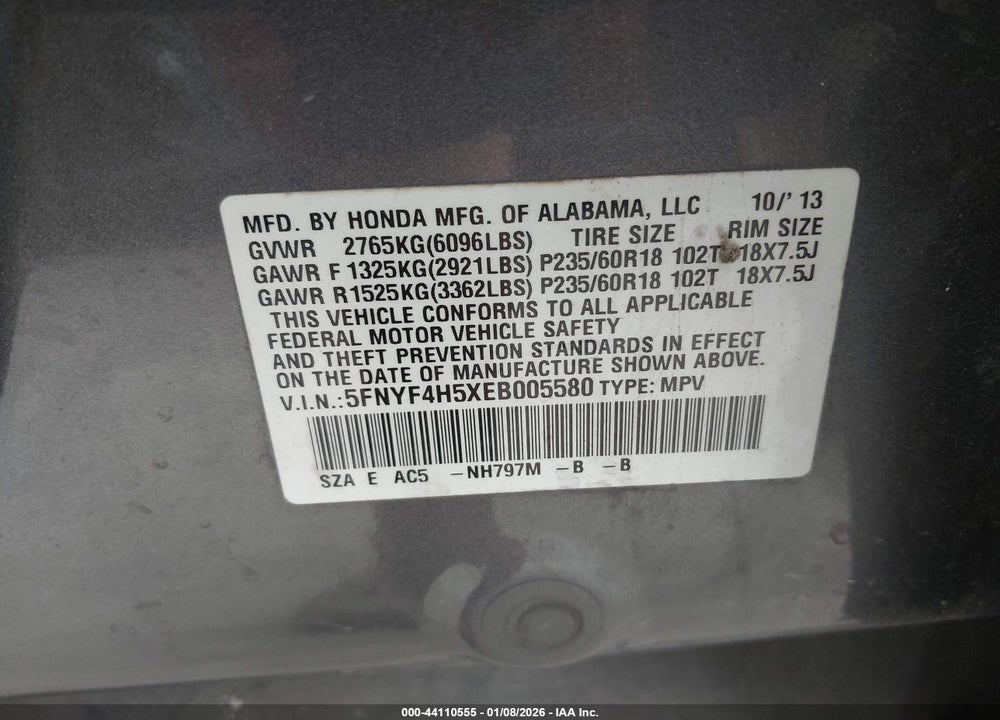 2014 HONDA PILOT EX-L VIN: 5FNYF4H5XEB005580