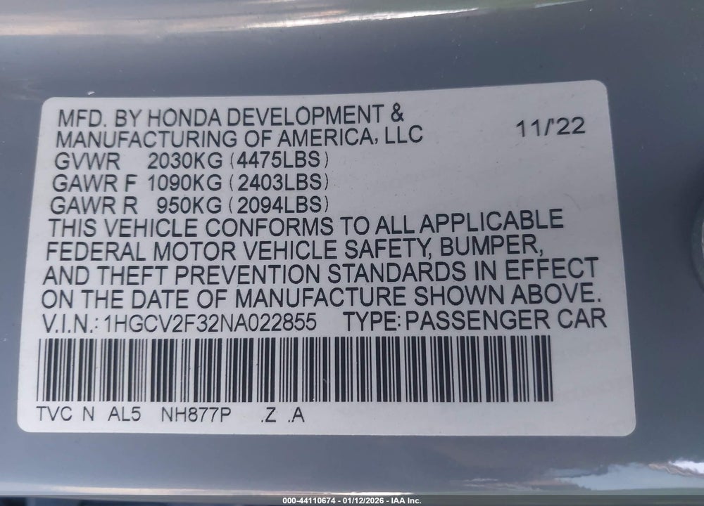 2022 HONDA ACCORD SPORT 2.0T VIN: 1HGCV2F32NA022855