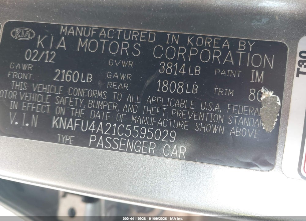 2012 KIA FORTE EX VIN: KNAFU4A21C5595029