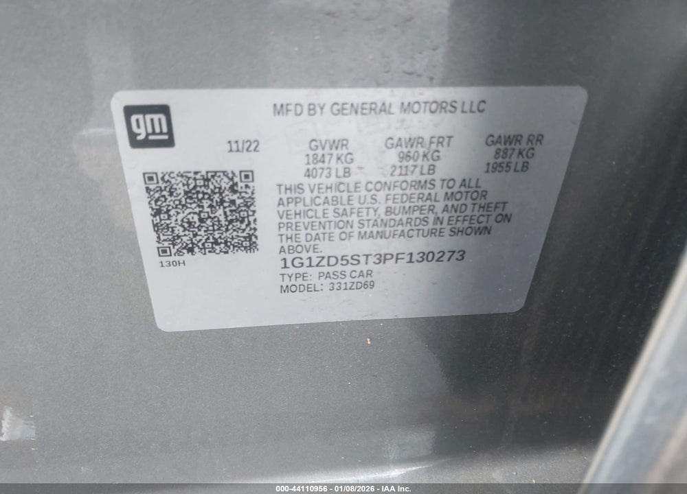 2023 CHEVROLET MALIBU FWD 1LT VIN: 1G1ZD5ST3PF130273