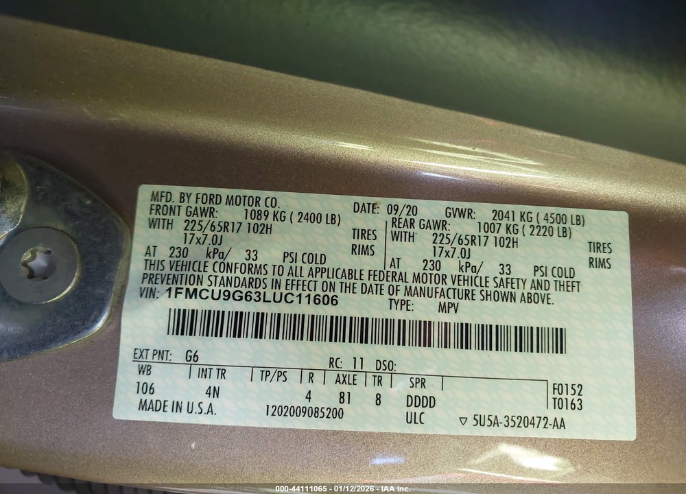 2020 FORD ESCAPE SE VIN: 1FMCU9G63LUC11606