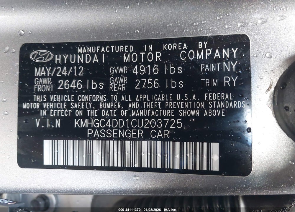 2012 HYUNDAI GENESIS 3.8 VIN: KMHGC4DD1CU203725
