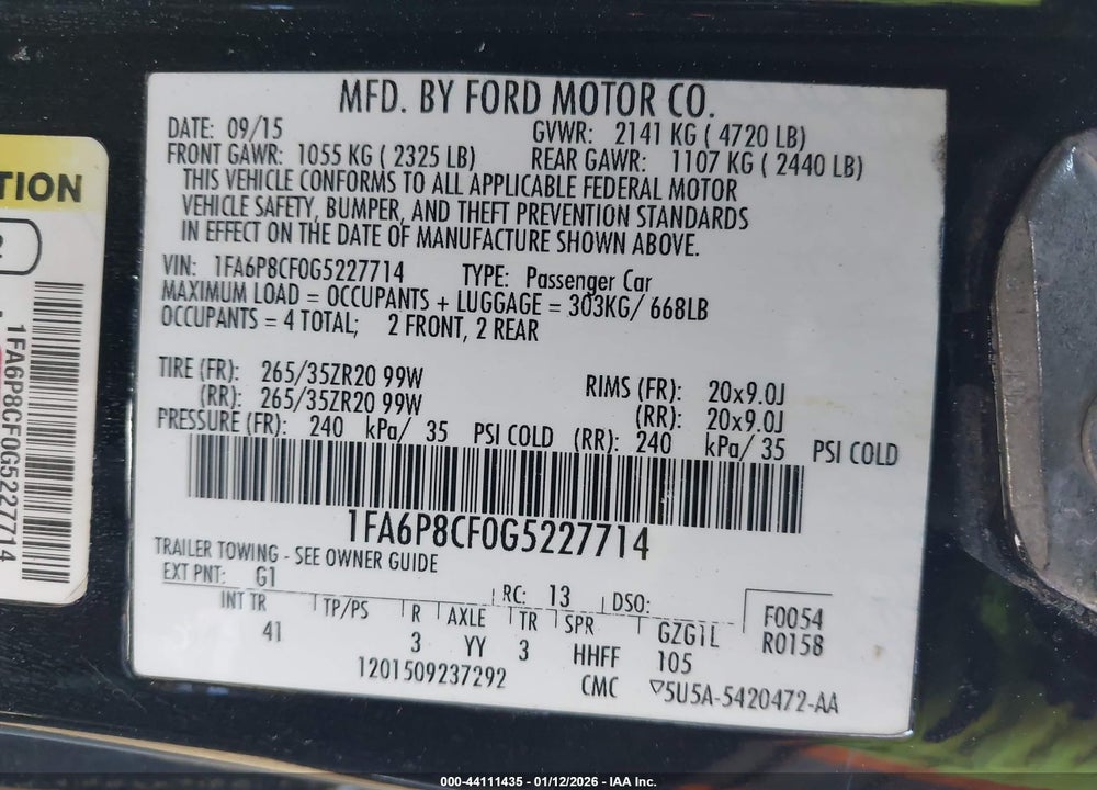 2016 FORD MUSTANG GT PREMIUM VIN: 1FA6P8CF0G5227714