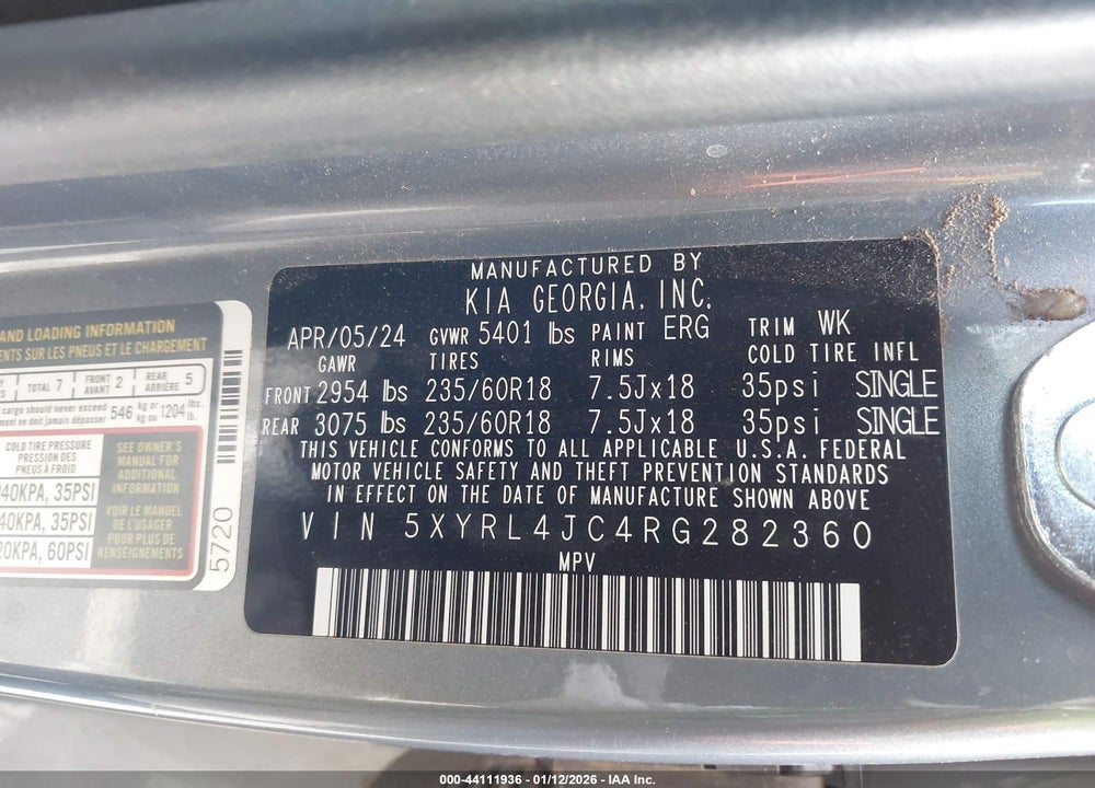 2024 KIA SORENTO S VIN: 5XYRL4JC4RG282360