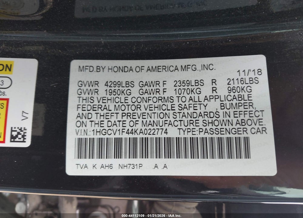 2019 HONDA ACCORD EX VIN: 1HGCV1F44KA022774