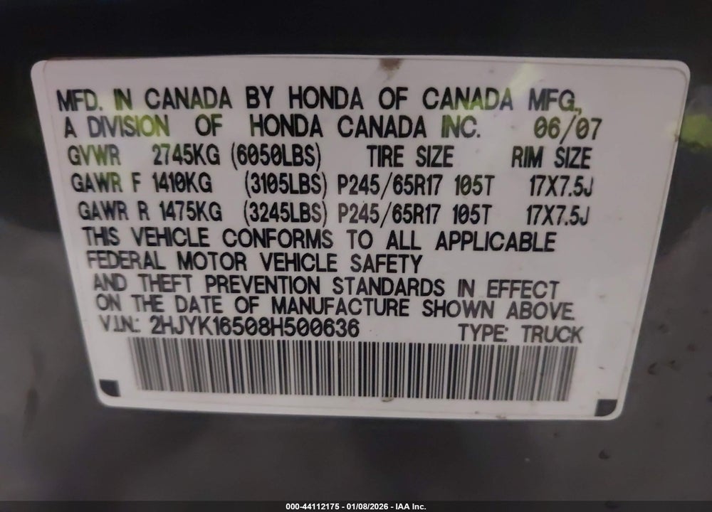 2008 HONDA RIDGELINE RTL VIN: 2HJYK16508H500636