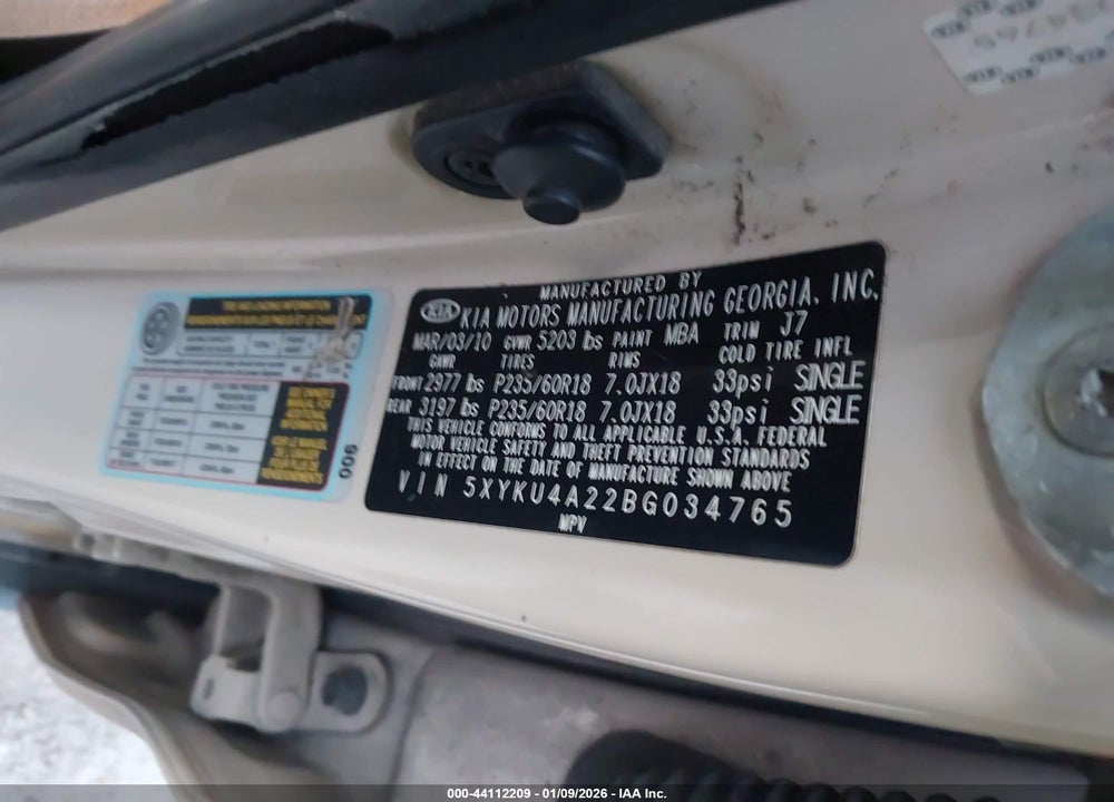 2011 KIA SORENTO EX V6 VIN: 5XYKU4A22BG034765