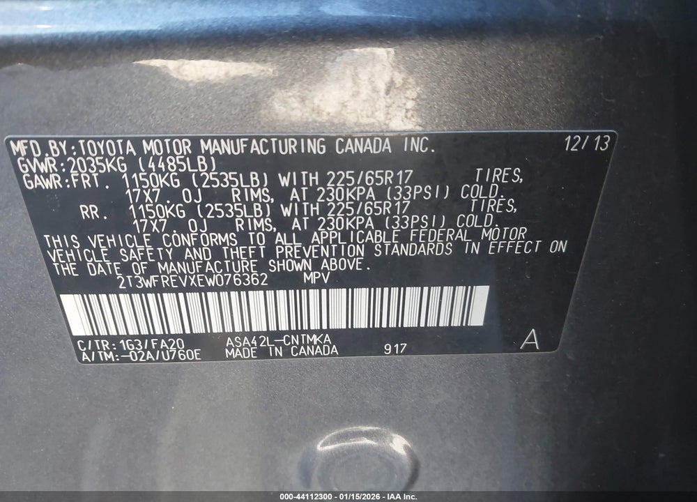 2014 TOYOTA RAV4 XLE VIN: 2T3WFREVXEW076362