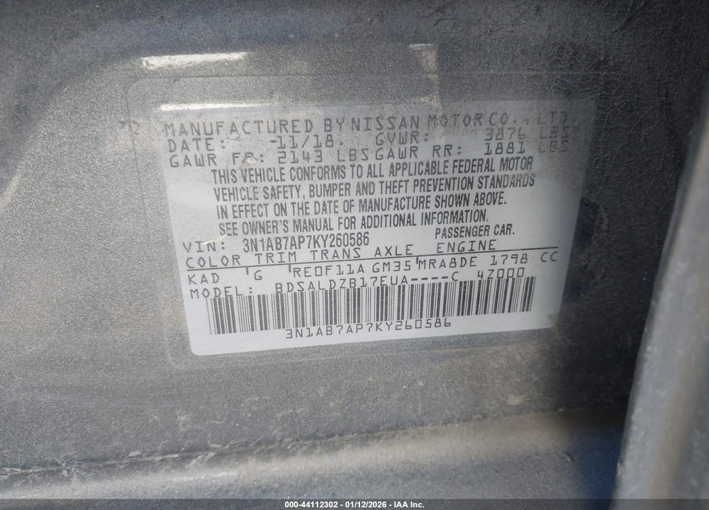 2019 NISSAN SENTRA SV VIN: 3N1AB7AP7KY260586