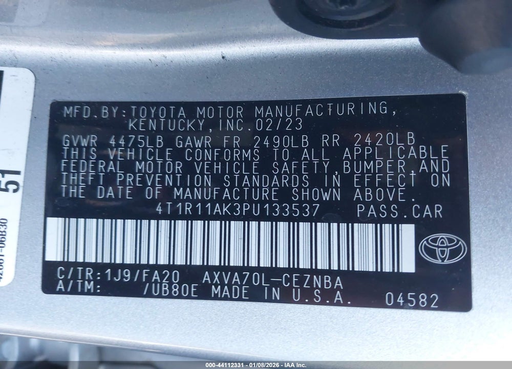 2023 TOYOTA CAMRY LE VIN: 4T1R11AK3PU133537