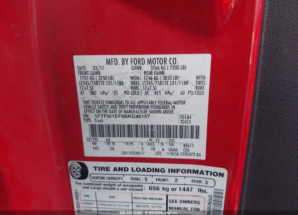 2011 FORD F-150 XLT VIN: 1FTFW1EF9BKD45157