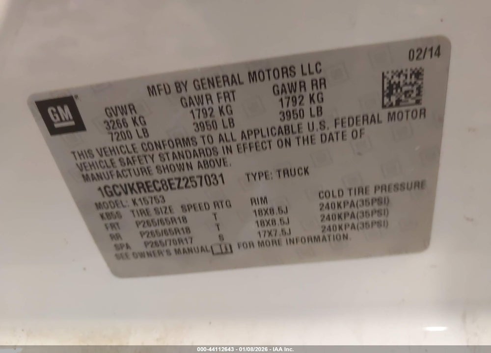 2014 CHEVROLET SILVERADO 1500 2LT VIN: 1GCVKREC8EZ257031