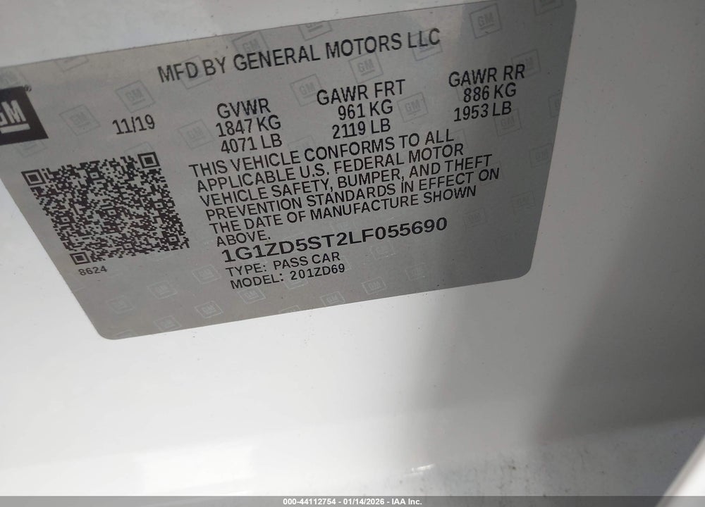 2020 CHEVROLET MALIBU FWD LT VIN: 1G1ZD5ST2LF055690