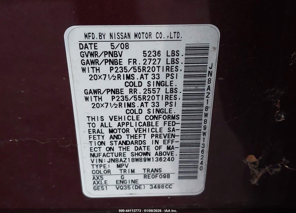 2009 NISSAN MURANO LE VIN: JN8AZ18W89W136240
