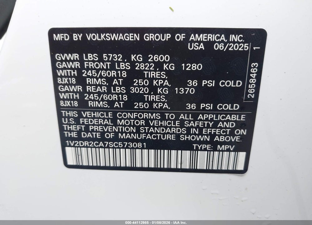 2025 VOLKSWAGEN ATLAS 2.0T SE VIN: 1V2DR2CA7SC573081