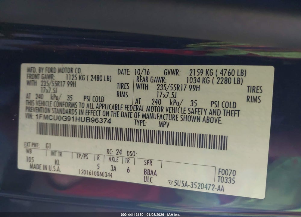 2017 FORD ESCAPE SE VIN: 1FMCU0G91HUB96374