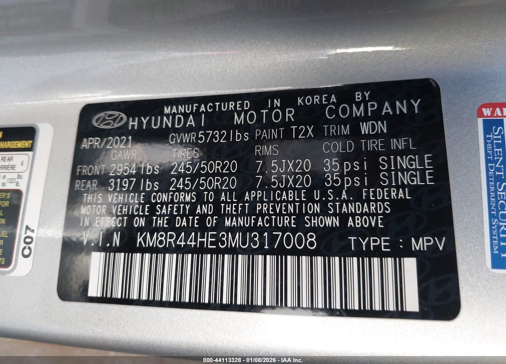 2021 HYUNDAI PALISADE SEL VIN: KM8R44HE3MU317008