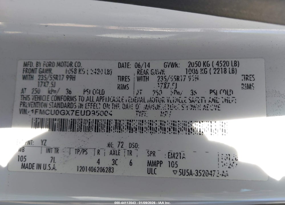2014 FORD ESCAPE SE VIN: 1FMCU0GX7EUD95004