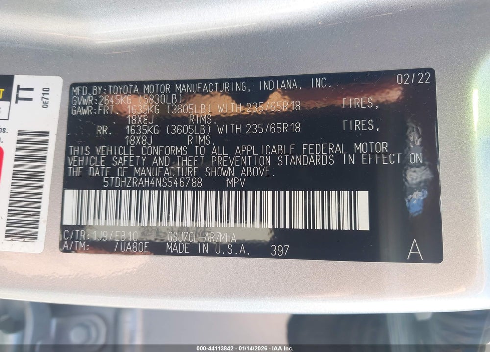 2022 TOYOTA HIGHLANDER XLE VIN: 5TDHZRAH4NS546788
