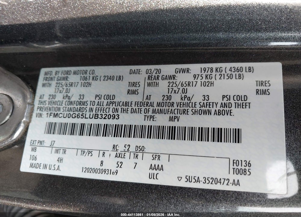 2020 FORD ESCAPE SE VIN: 1FMCU0G65LUB32093