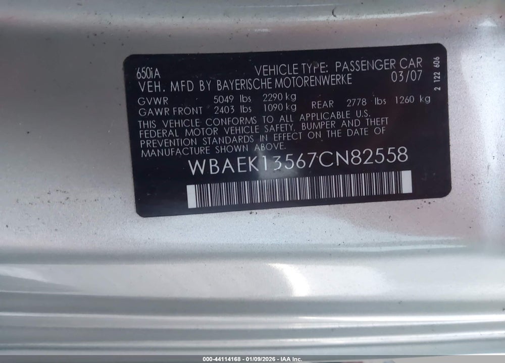 2007 BMW 650I VIN: WBAEK13567CN82558
