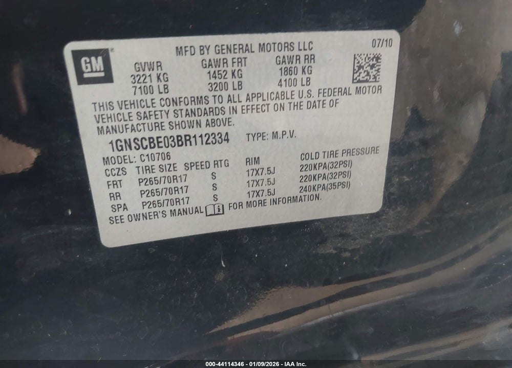 2011 CHEVROLET TAHOE LT VIN: 1GNSCBE03BR112334