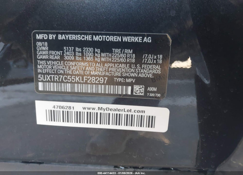 2019 BMW X3 SDRIVE30I VIN: 5UXTR7C55KLF28297