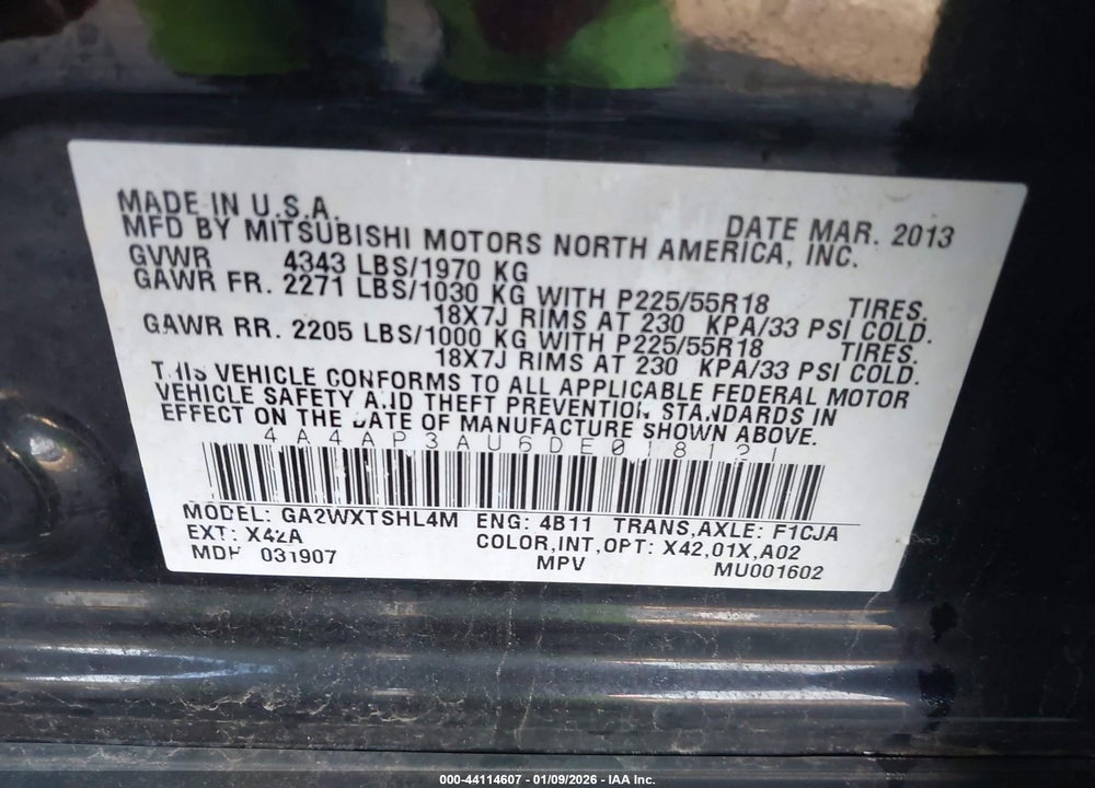 2013 MITSUBISHI OUTLANDER SPORT ES VIN: 4A4AP3AU6DE018121