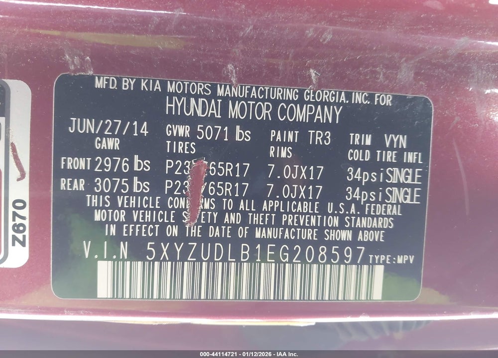 2014 HYUNDAI SANTA FE SPORT 2.4L VIN: 5XYZUDLB1EG208597