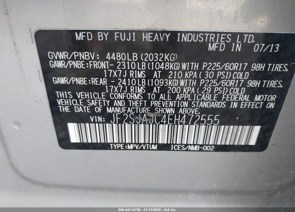 2014 SUBARU FORESTER 2.5I LIMITED VIN: JF2SJAJC4EH472555