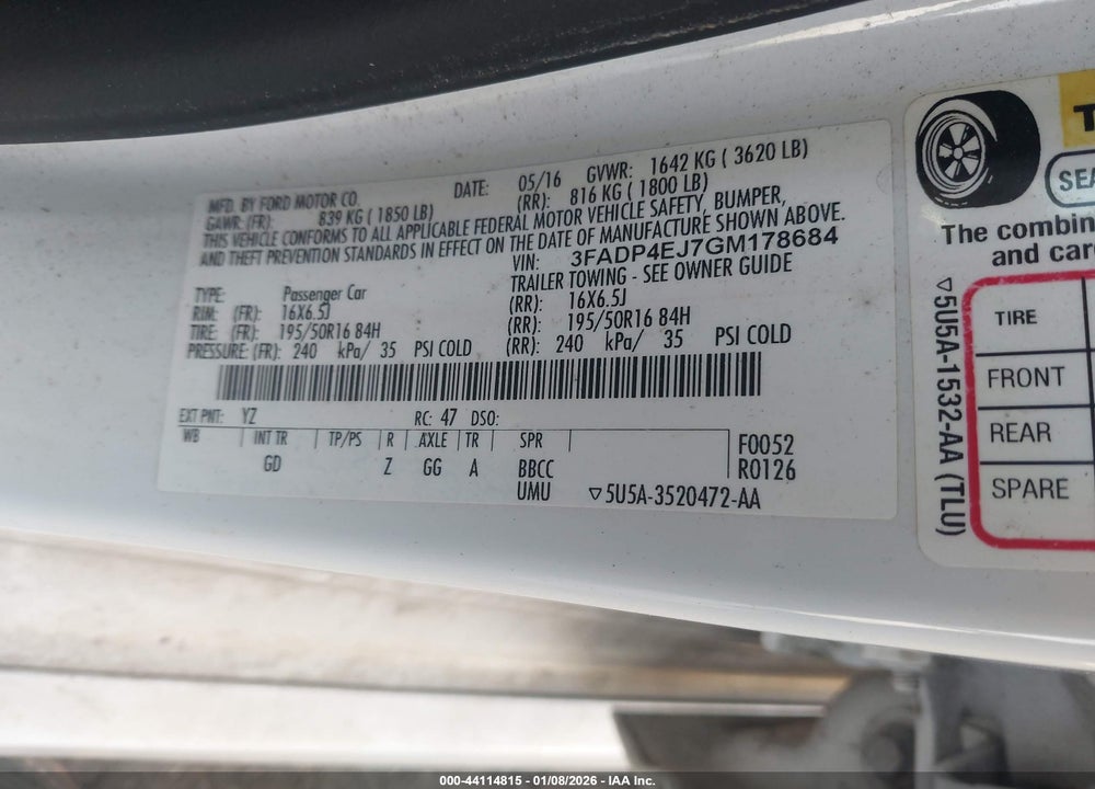 2016 FORD FIESTA SE VIN: 3FADP4EJ7GM178684