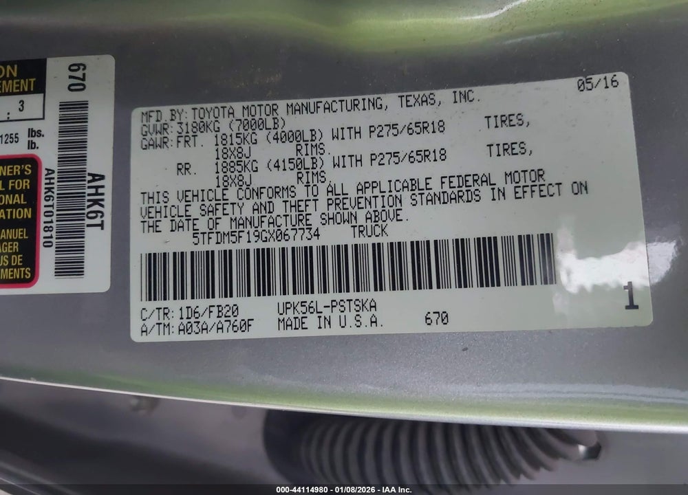 2016 TOYOTA TUNDRA SR5 4.6L V8 VIN: 5TFDM5F19GX067734