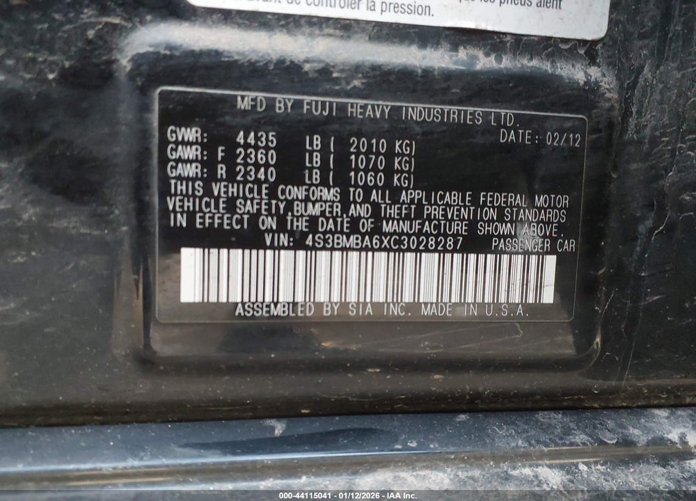 2012 SUBARU LEGACY 2.5I VIN: 4S3BMBA6XC3028287